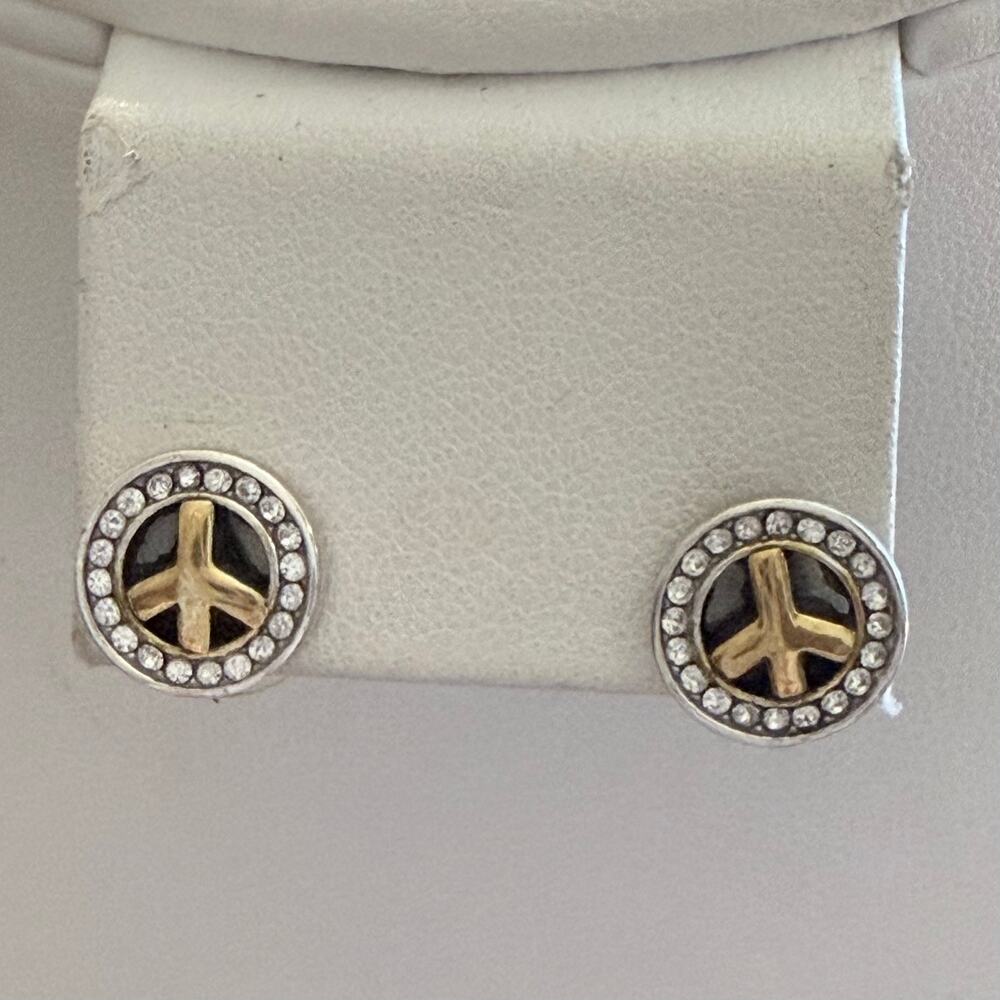 Mixed Metal Gold Plated & Crystal Peace Sign Stud Earrings